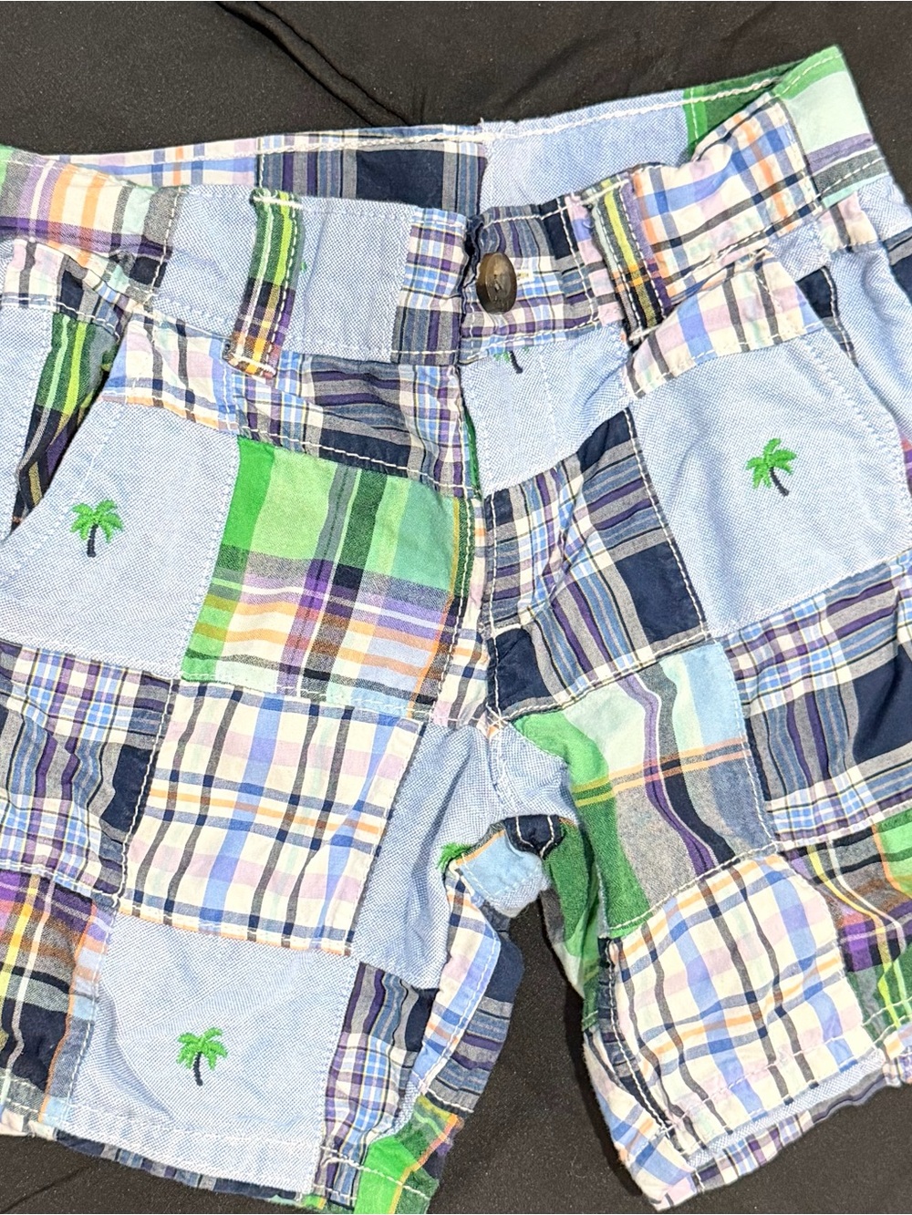 Janie and Jack Patchwork Plaid Shorts with Green Palm Embroidery